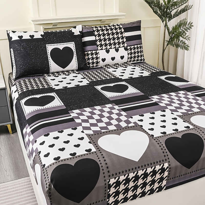 Fitted Sheet 3pcs Set With Checkered Pattern And Heart Elements, Fashionable And Romantic, Includes 1pc Fitted Sheet And 2pcs Pillowcases, Pillow Inserts Not Included