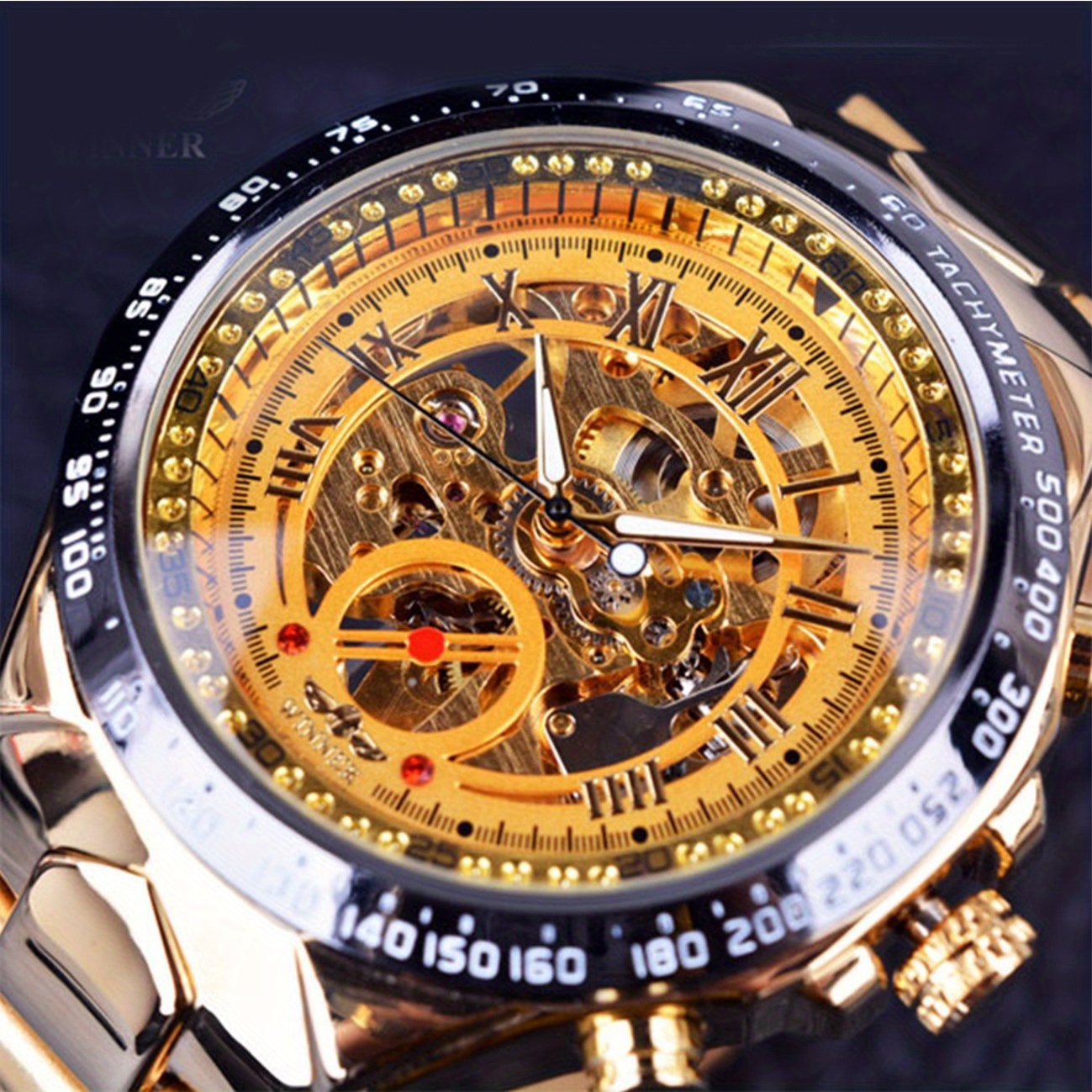 TEMU Reloj de hombre con diseño deportivo mecánico y esfera hueca - Correa de acero inoxidable duradera, sin batería