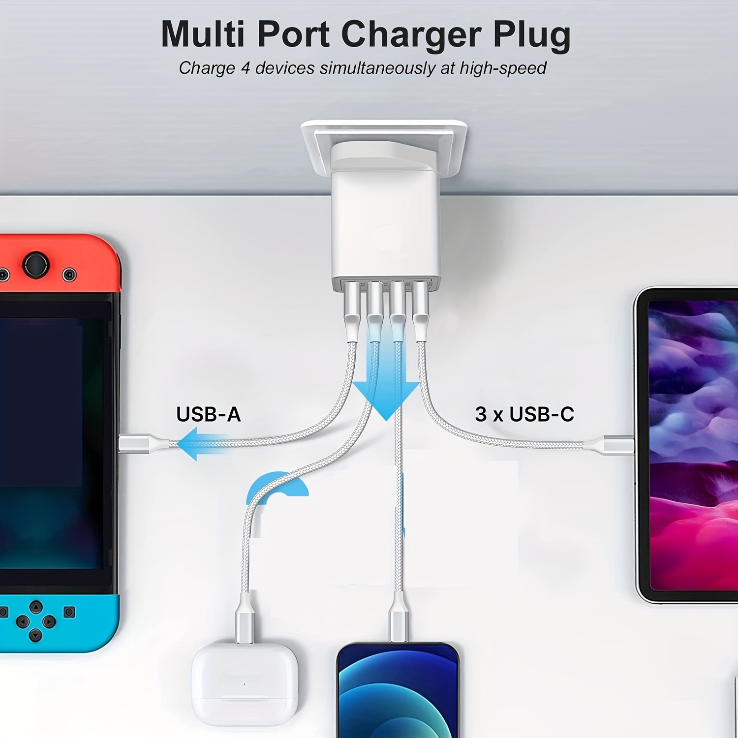 4-Port USB Fast Charger - Quick Charge 3.0 Wall Charger, Multi USB Power Adapter for iPhone, Android Phones, Mobile Phones, Cameras, MP3 etc. - UK Plug
