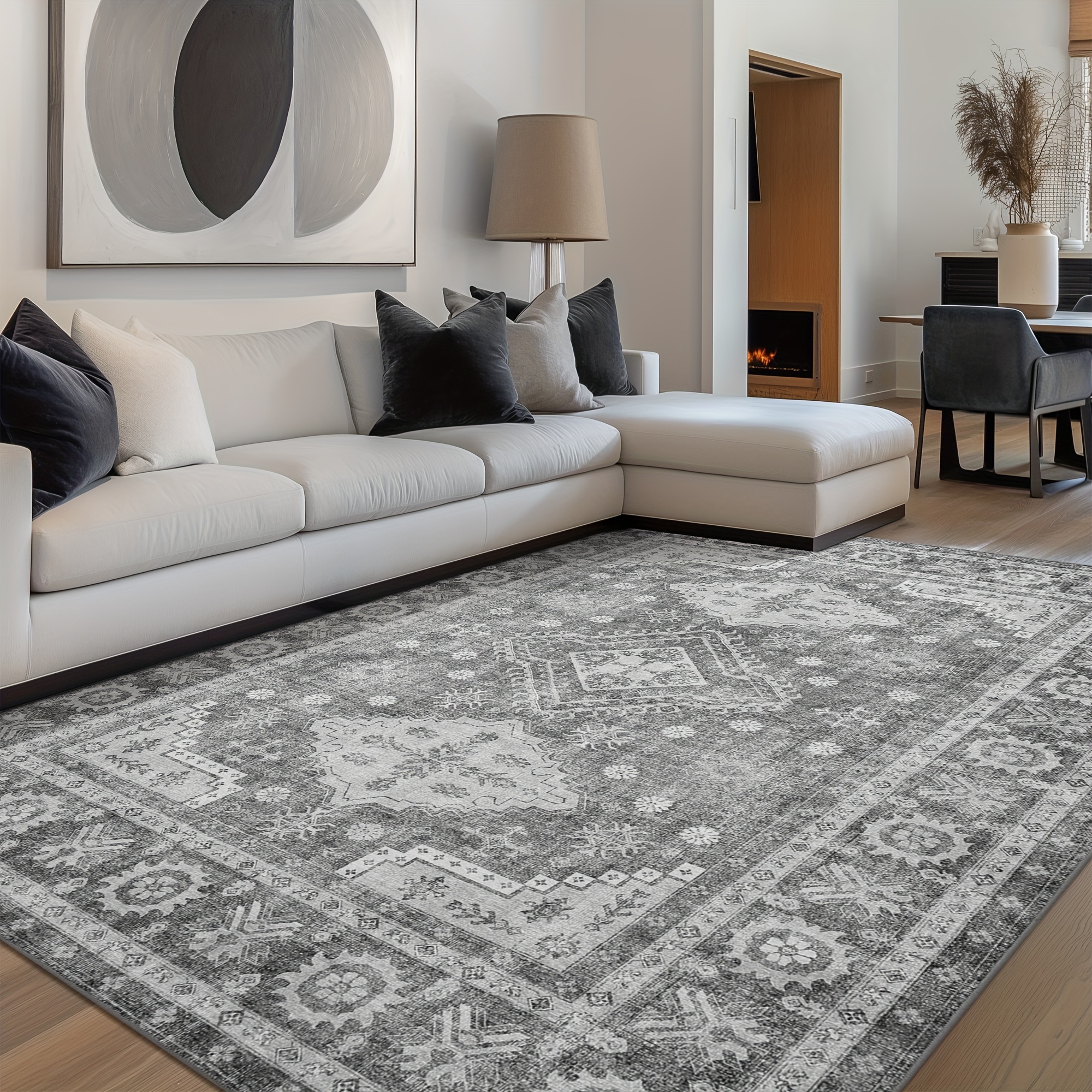 

Area Rugs For Living Room, Bedroom, And Bathroom Carpet, Machine Washable, Lightweight Non-slip Thin Rug With Backing, Vintage /taupe Floral Pattern, Gray