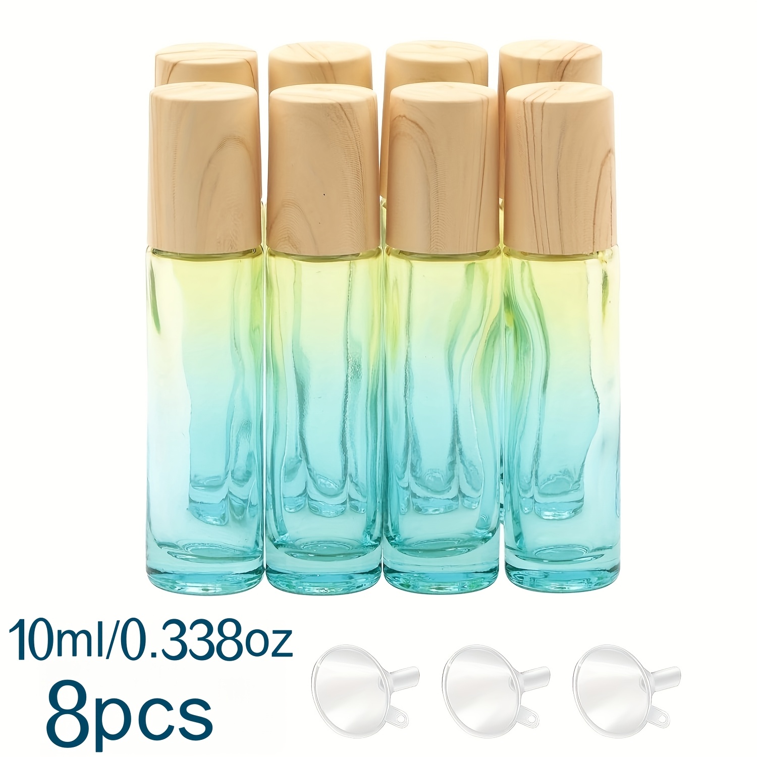 8pcs 10ml (0.338oz) Glass Roller Bottles, Yellow Blue Gradient Roller Bottles, Small Vials Containers, For Essential Oils Perfumes Lipsticks, With Additions 3pcs Funnels