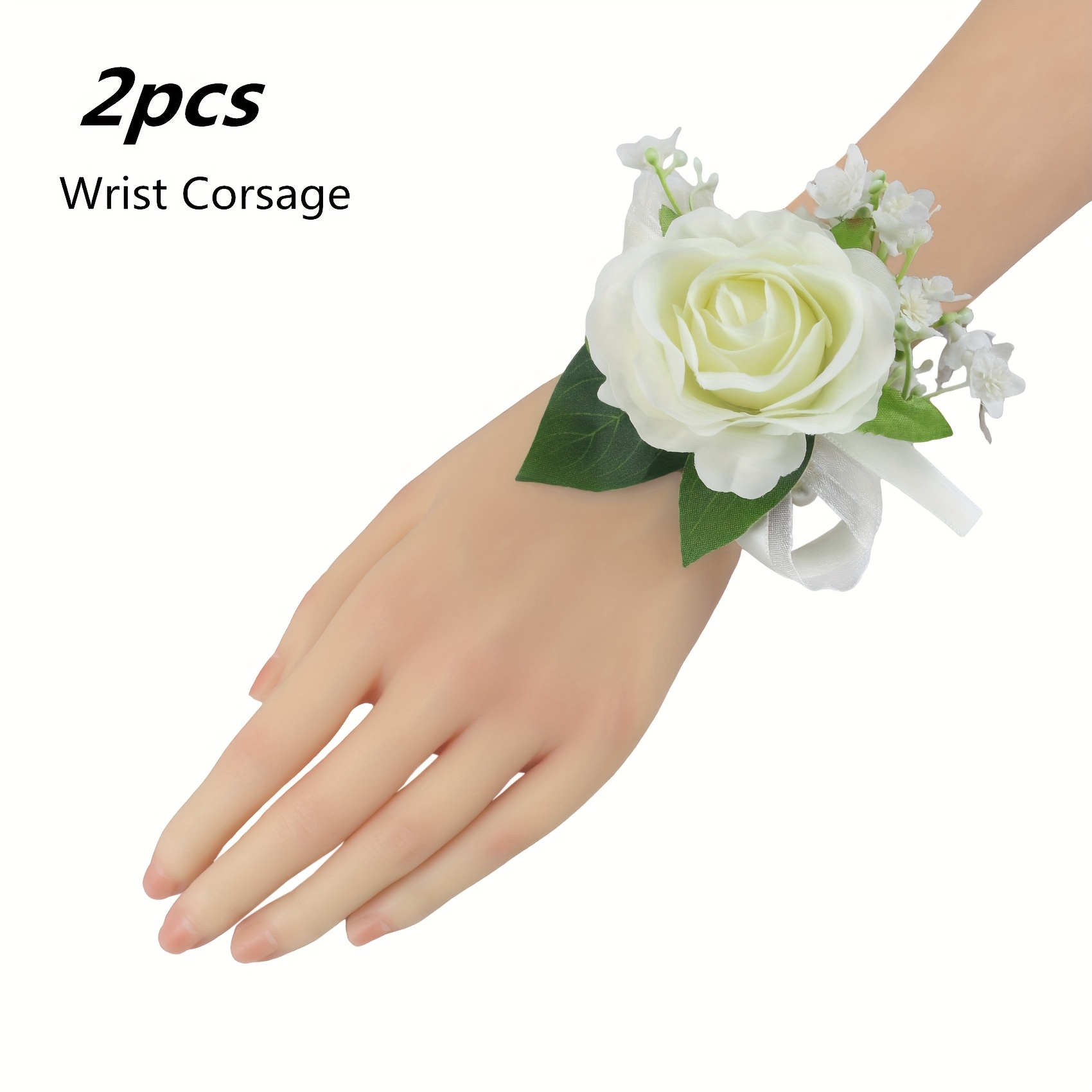TEMU Ensemble élégant de 2 pièces : Corsage de poignet et boutonnière , rose artificielle et fleur de bébé's breath, parfait pour les décorations de