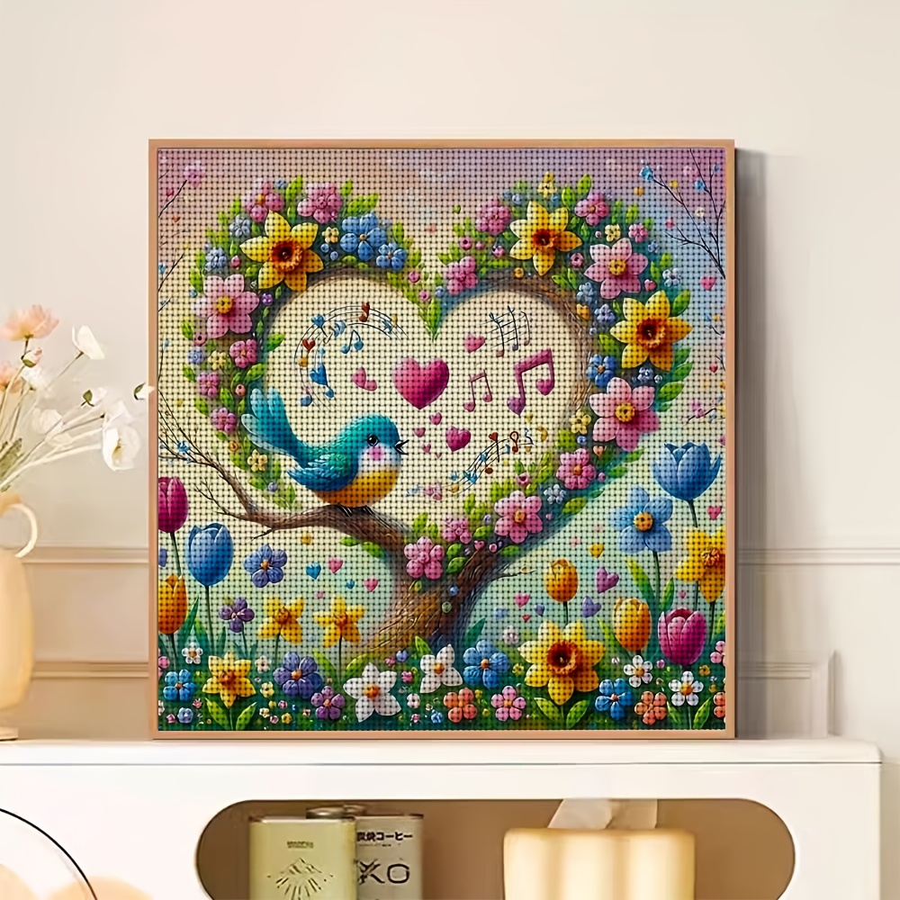 Frameless Cross Stitch Printed Kit, Singing Birds and Flowers Pattern