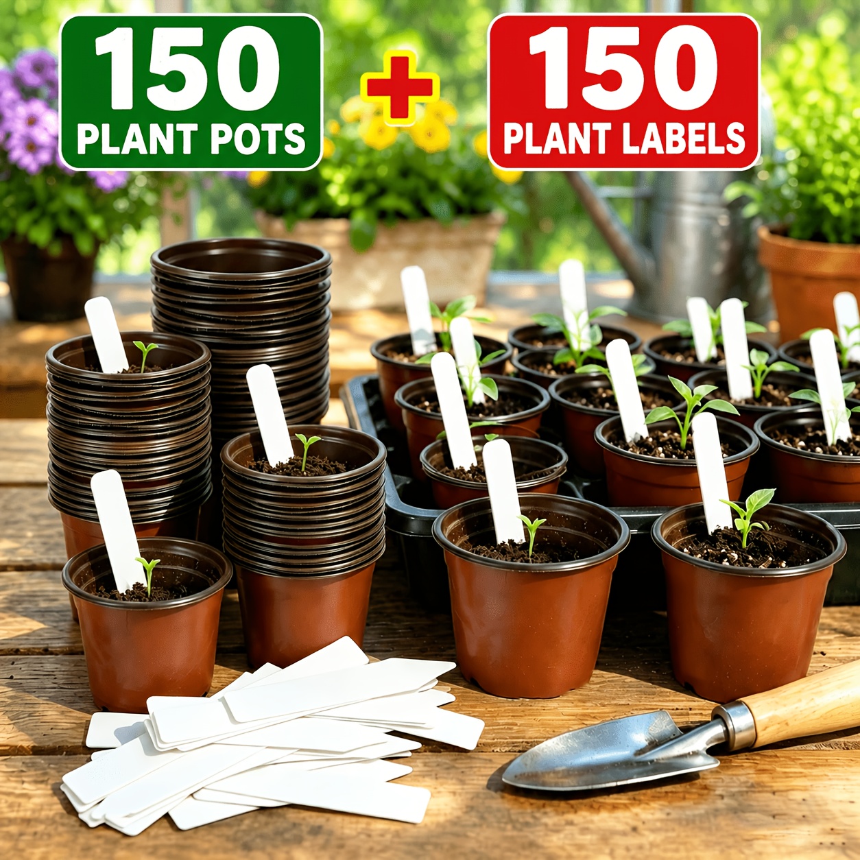 TEMU 150pcs Seedling Pots With Drainage Holes And 150pcs Plant Tags; Plastic Seedling Pots Suitable For Plant Seedlings, Succulents, , And