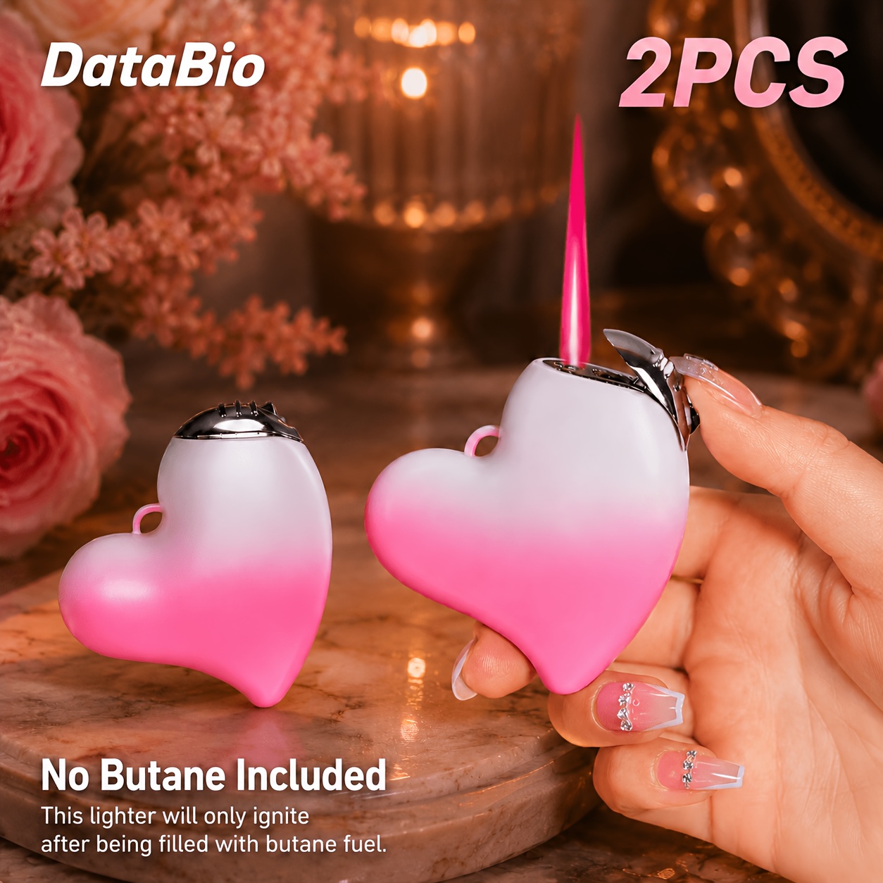TEMU Lot de 2 briquets cœur rechargeables coupe-vent pour bougies, camping, barbecue - de poche à flamme rose réglable avec recharges rechargeables,