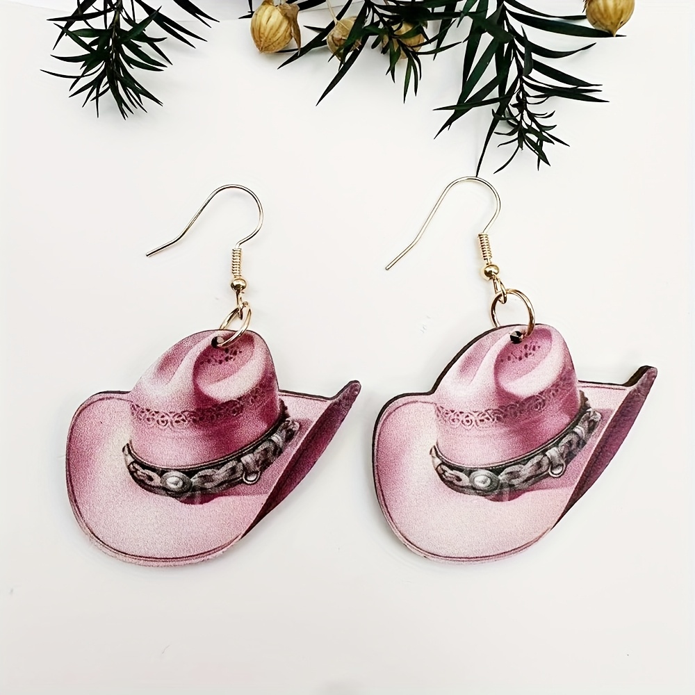 1 Pair Retro Fashion Western Cowboy Style Wooden Cutout Printed Hat Ear Studs
