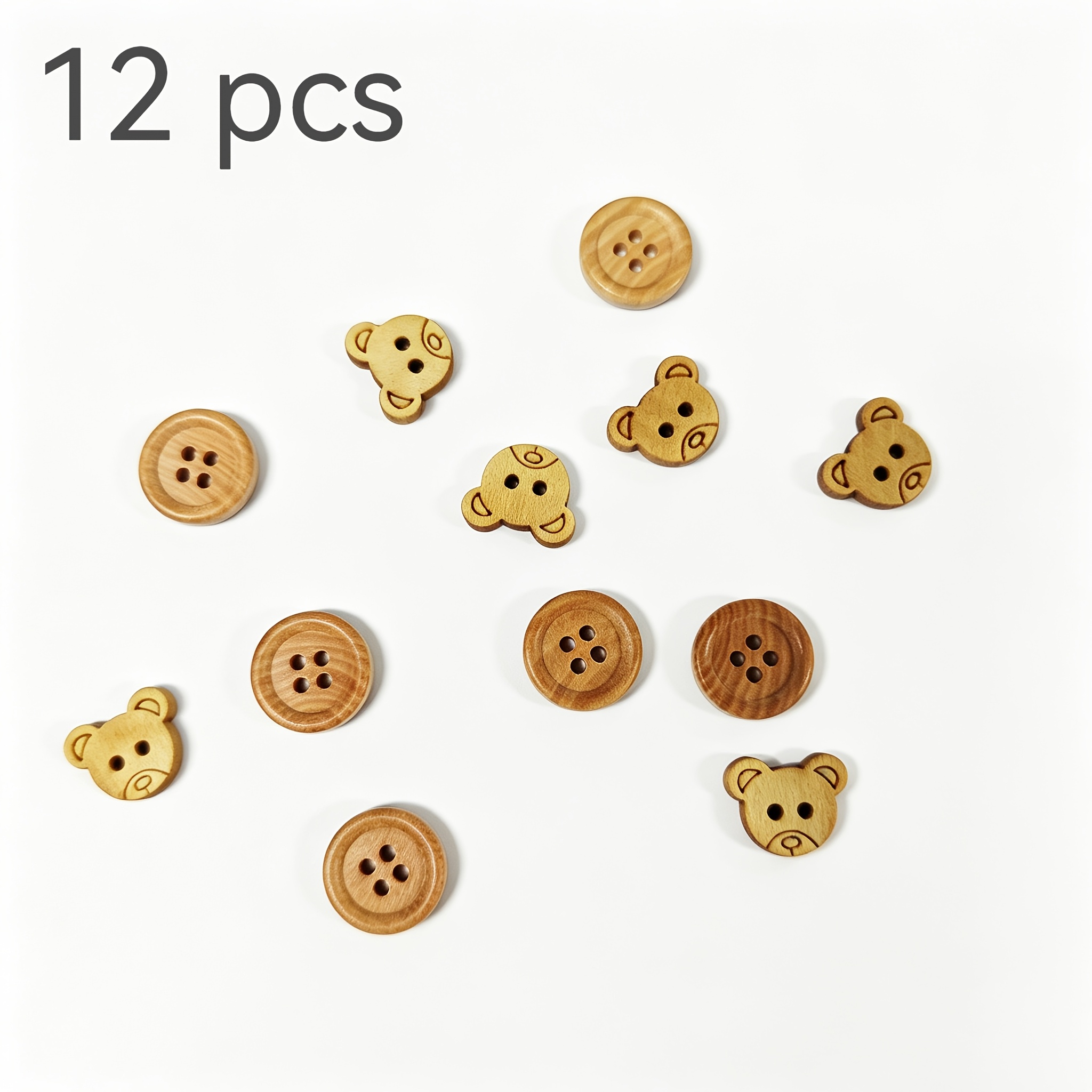 TEMU Boutons en bois naturel, mélange de 12 pièces de 2 styles, boutons en bois tête d'ours, dessin animé, deux yeux, pour vêtements, boutons en bois