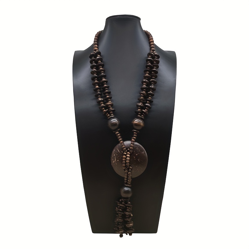 Boho Vintage Coffee Wood Bead Necklace with Pendant