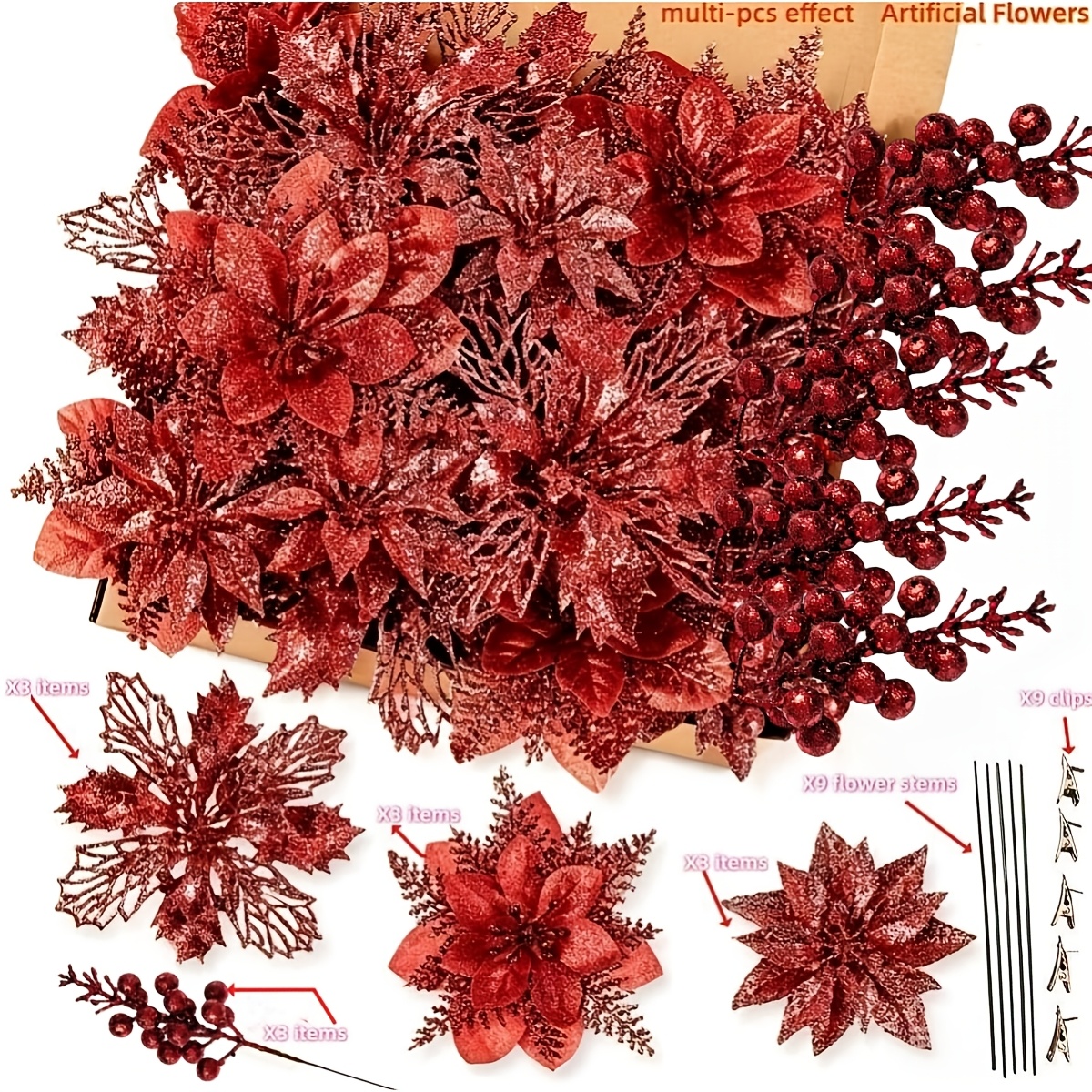 TEMU di Natale Artificiali Scintillanti - Kit da 30 Set di Natale Artificiali Rosse e di Lucide, Selezione di Composizioni Natalizie, Decorazioni di