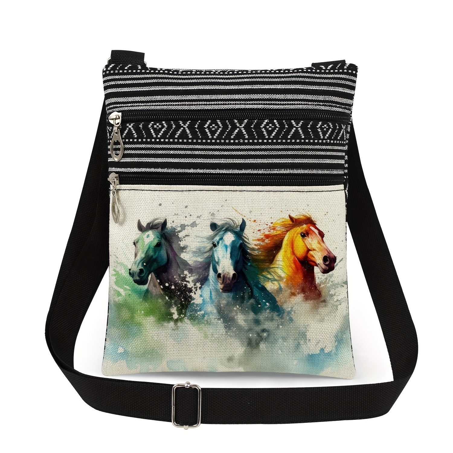 

Men's Ethnic Style Fashionable Satchel Bag, Watercolor Style Horse Pattern Sling Bag For Hanging Out