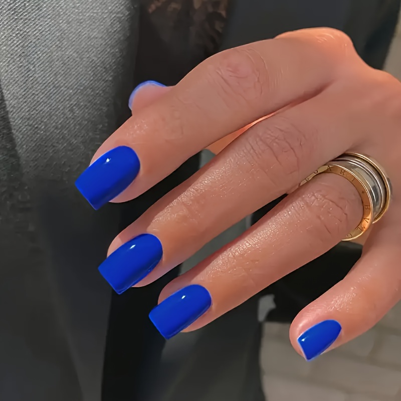 24 Pressed Nails - Medium Square, Glossy Surface, Solid Color Acrylic Fake Nails, Suitable For Women And, Very Suitable For Summer Nail Art Blue