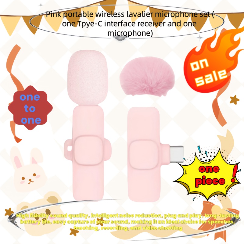 TEMU Kit de Microphone Lavalier Portable Rose Fil (Un Récepteur Type-C + Un Micro) - Qualité Haute , Réduction Intelligente du Bruit, Plug-and-Play,