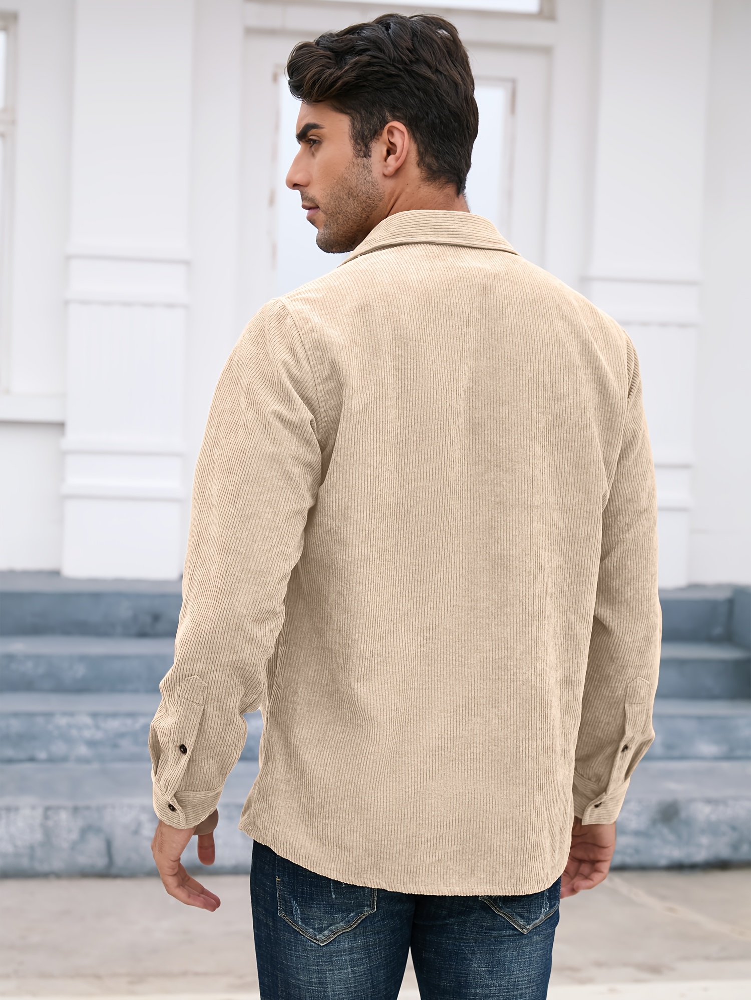 Men's Corduroy Shirt, Men's Shirt Jacket, Classic Lapel Collar with Double Chest Pockets, Button Front, Regular Fit Long Sleeves Spring/Autumn Casual Street Style And Casual Attire, Autumn Layering Piece, Simple And Stylish, Structured Buttons