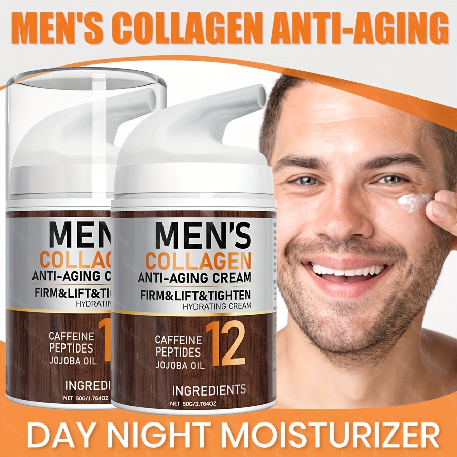 2pcs Men'S Collagen Anti-Aging Firm & Lift Hydrating Cream - 50g, Caffeine Peptides & Jojoba Oil, All-Skin Type Moisturizer for Smoothing & Tightening, Day & Night Use, Anti-Aging Skincare|Peptide Cream|Unscented Cream