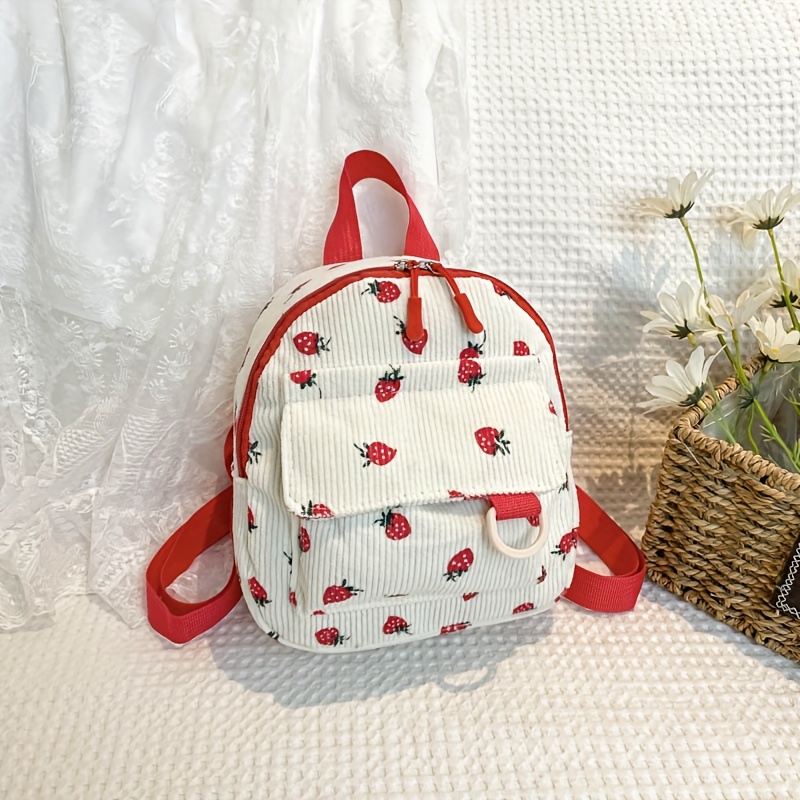Kawaii White Corduroy Mini Backpack With Red Strawberry Print_voghion.com