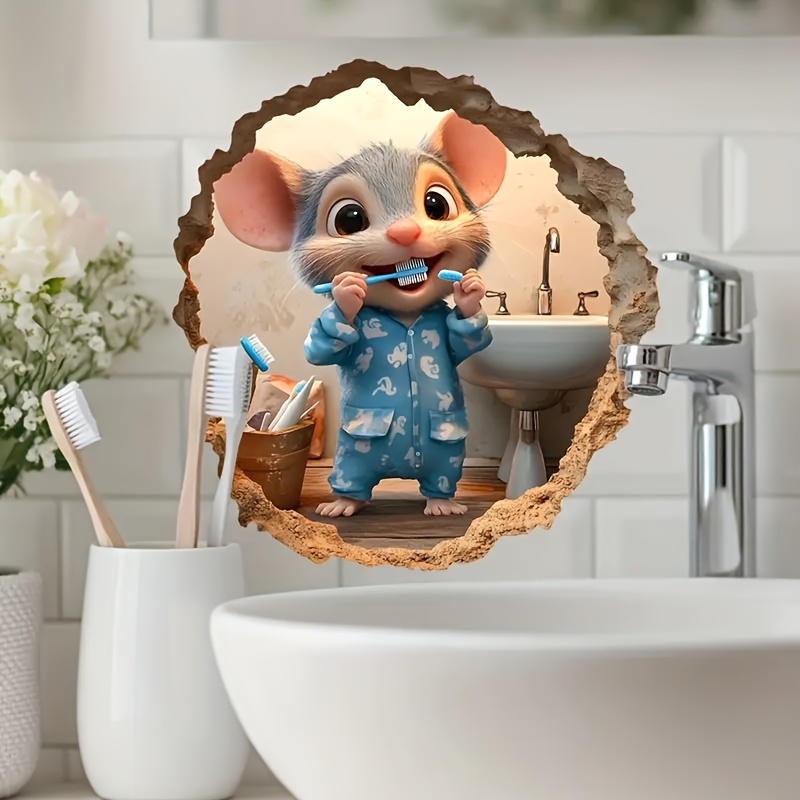 1pc Fun Brushing Teeth Mouse Peephole Wall Sticker - Whimsical Bathroom Decor, Self-adhesive Removable Pvc Decal, Suitable For Home Decoration, Fantasy Themed Wall Decor Sticker