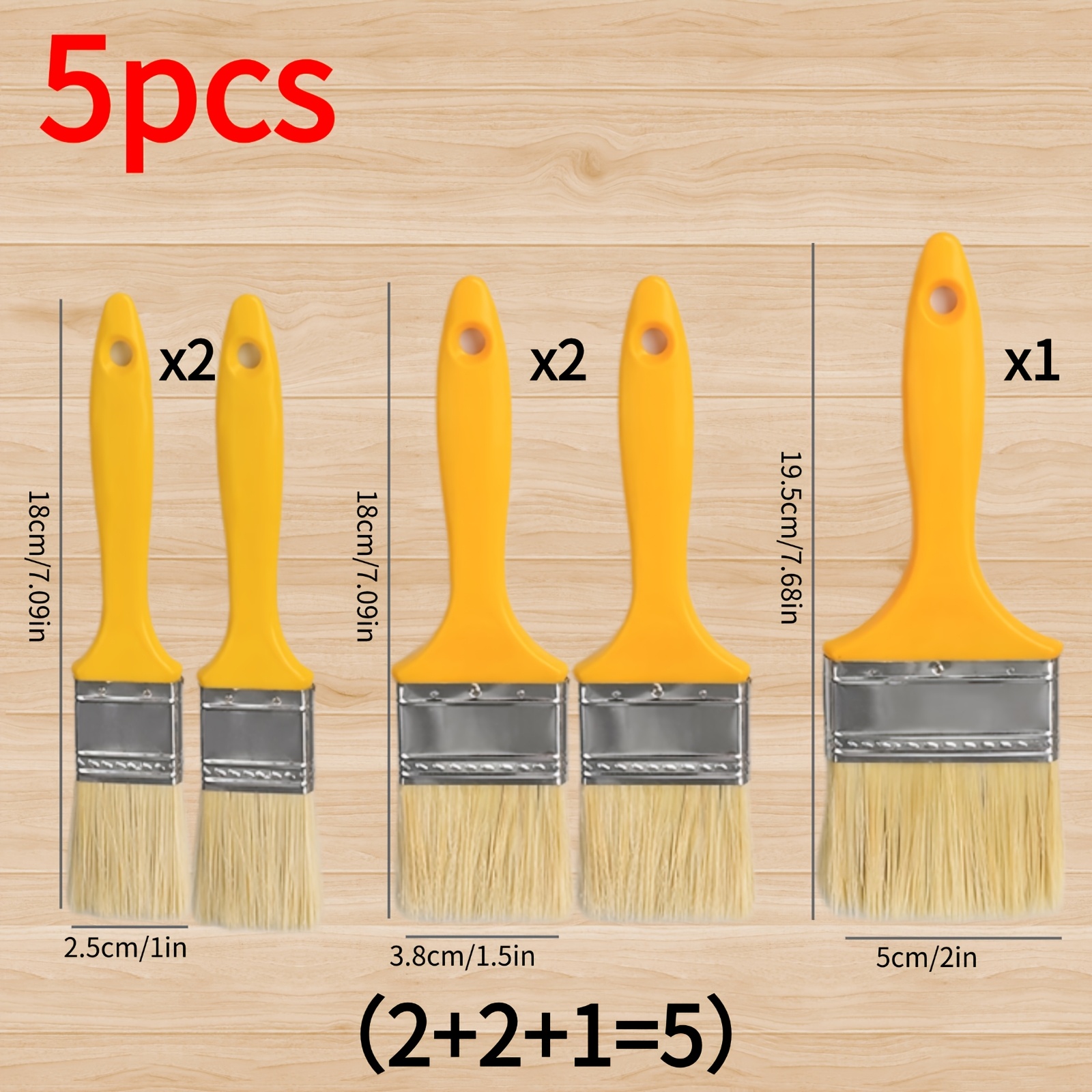 TEMU 5pcs Set Of Paintbrushes, Sizes 1 Inch, 1.5 Inches And 2 Inches, Using Professional-grade Bristles, With Yellow Handles And Synthetic Bristles,