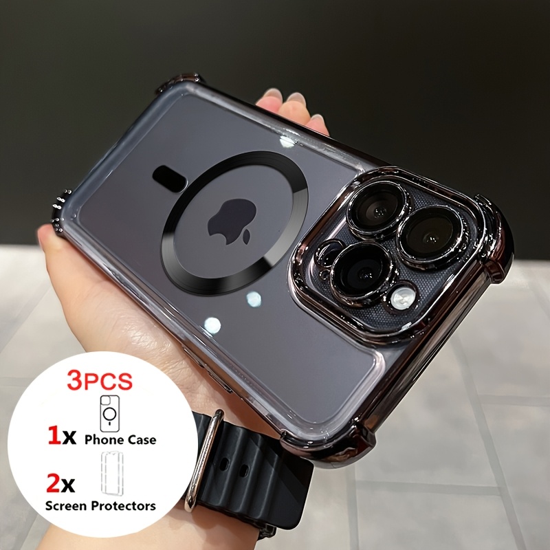 TEMU Phone Case - 3pcs [1 Phone Case With 2x Protectors] For Shockproof Plating Phone Case For Iphone 16 15 14 13 12 11 Pro Cover For Iphone 16 Pro