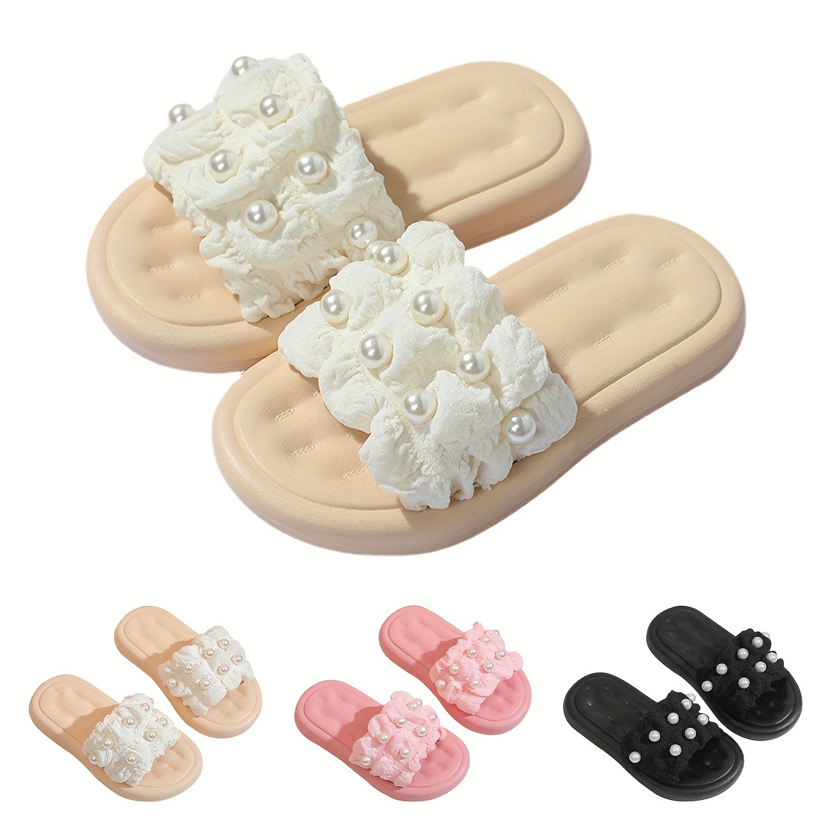 

Trendy Pearl Decor Solid Color Open Toe Slippers For Girls, Comfortable Breathable Slippers For Holiday Beach