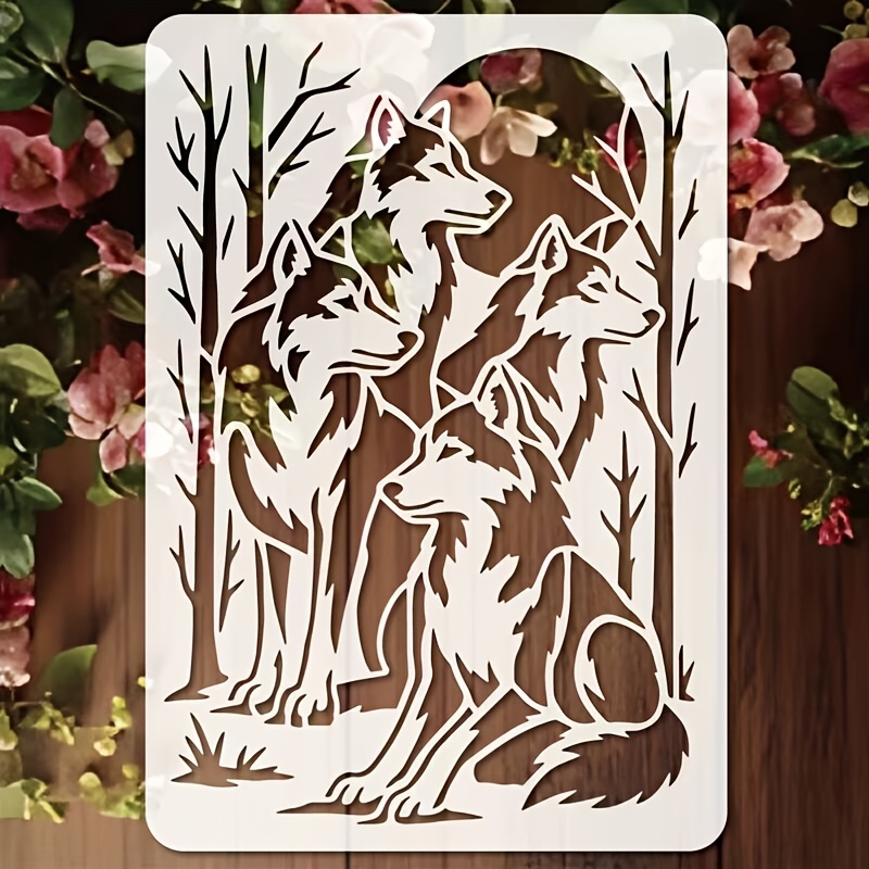 E-shop Wiederverwendbares Wolf-Schablonen-Set mit 4 Wolf-Teilen einer Waldnachtszene - 11,7x8,3 Zoll große Tier-Silhouetten-Schablone mit detaillierten