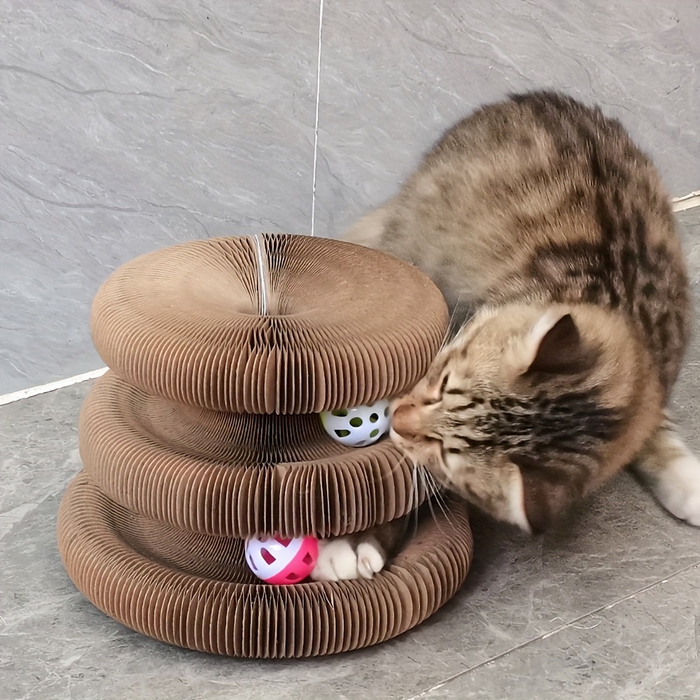 Corrugated Cardboard Cat Scratching Board, Cat Bed, And Interactive Toy For Adult Cats - Foldable, Portable, Stress-, Bell, Double-layer, Multi-functional Magic Accordion