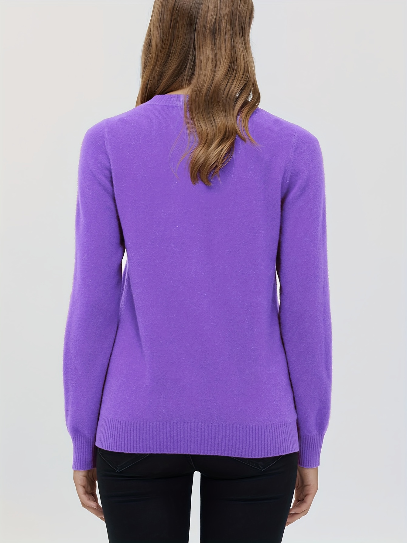 solid crew neck wool pullover sweater elegant long sleeve cozy sweater womens clothing purple 1