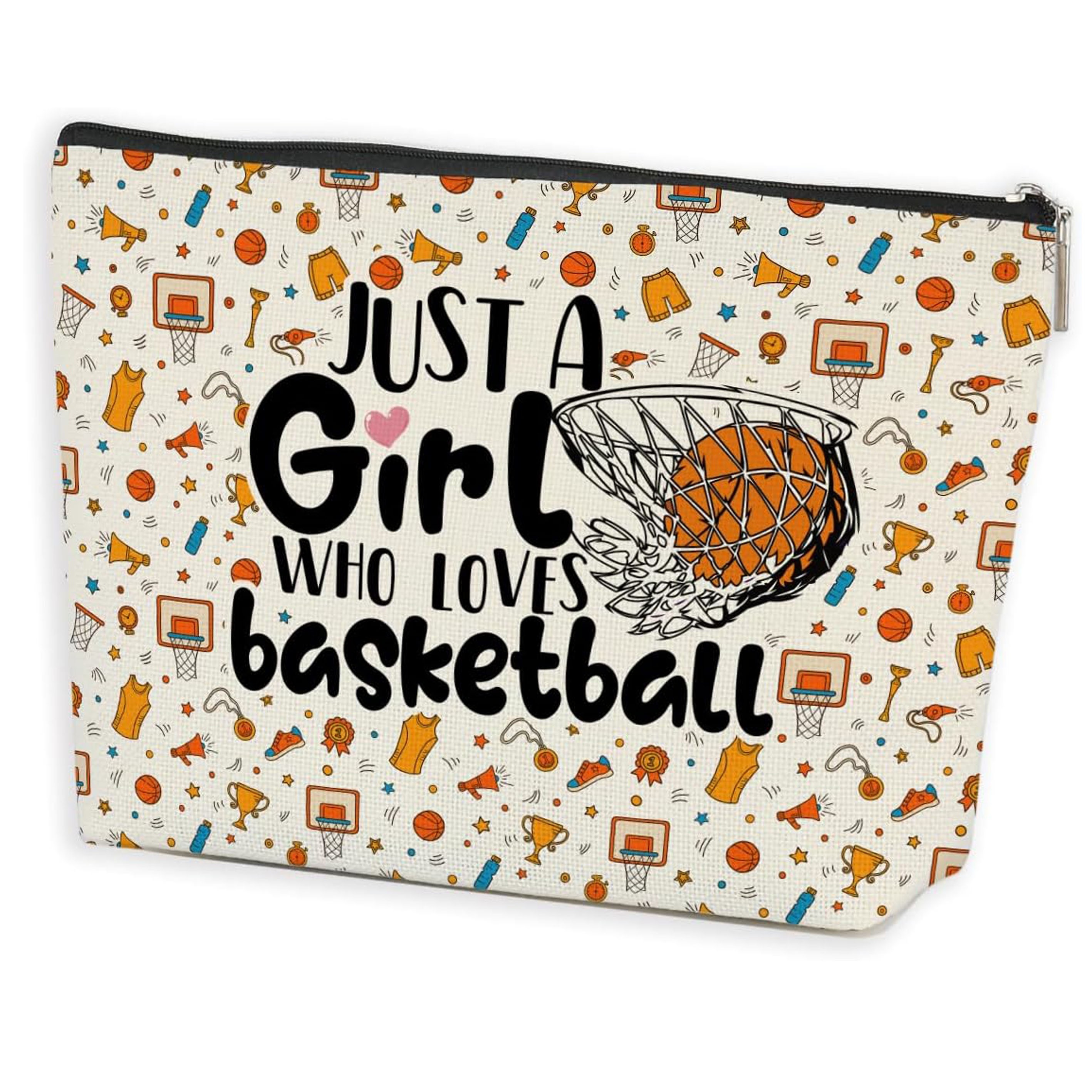 

Basketball-themed Canvas Makeup Bag - Perfect Gift For Sports Fans, Women, And Girls - Lightweight & Foldable With Zip Closure