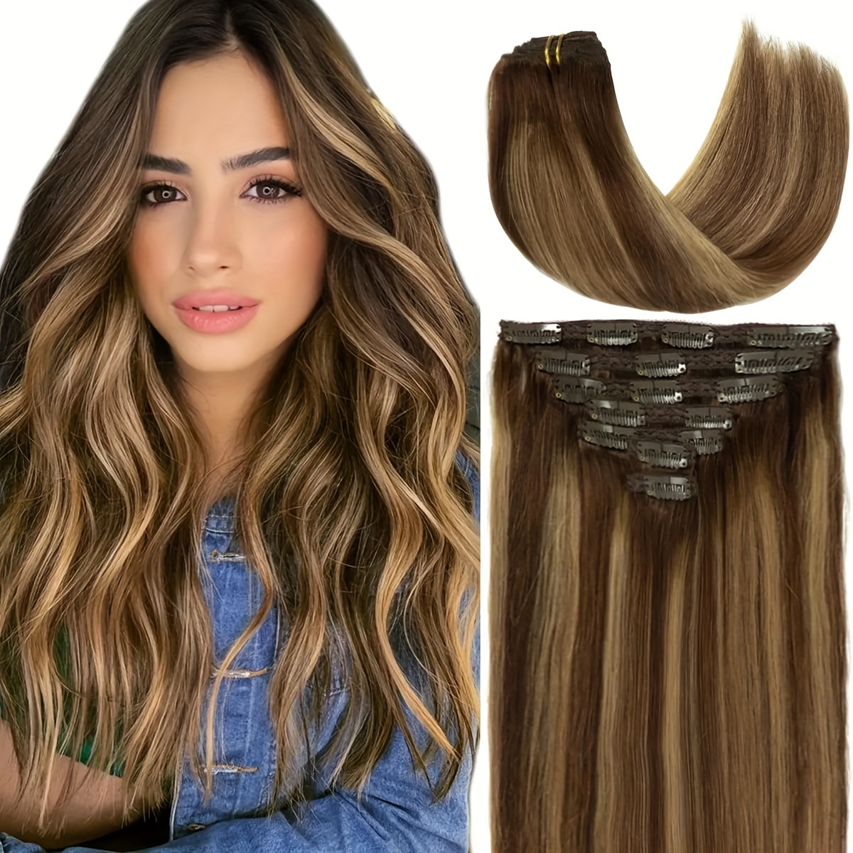 

Straight Hair Clip In Human Hair Extensions Human Hair #4/27 Brown Blonde Clip Remy Hair For Women 120g