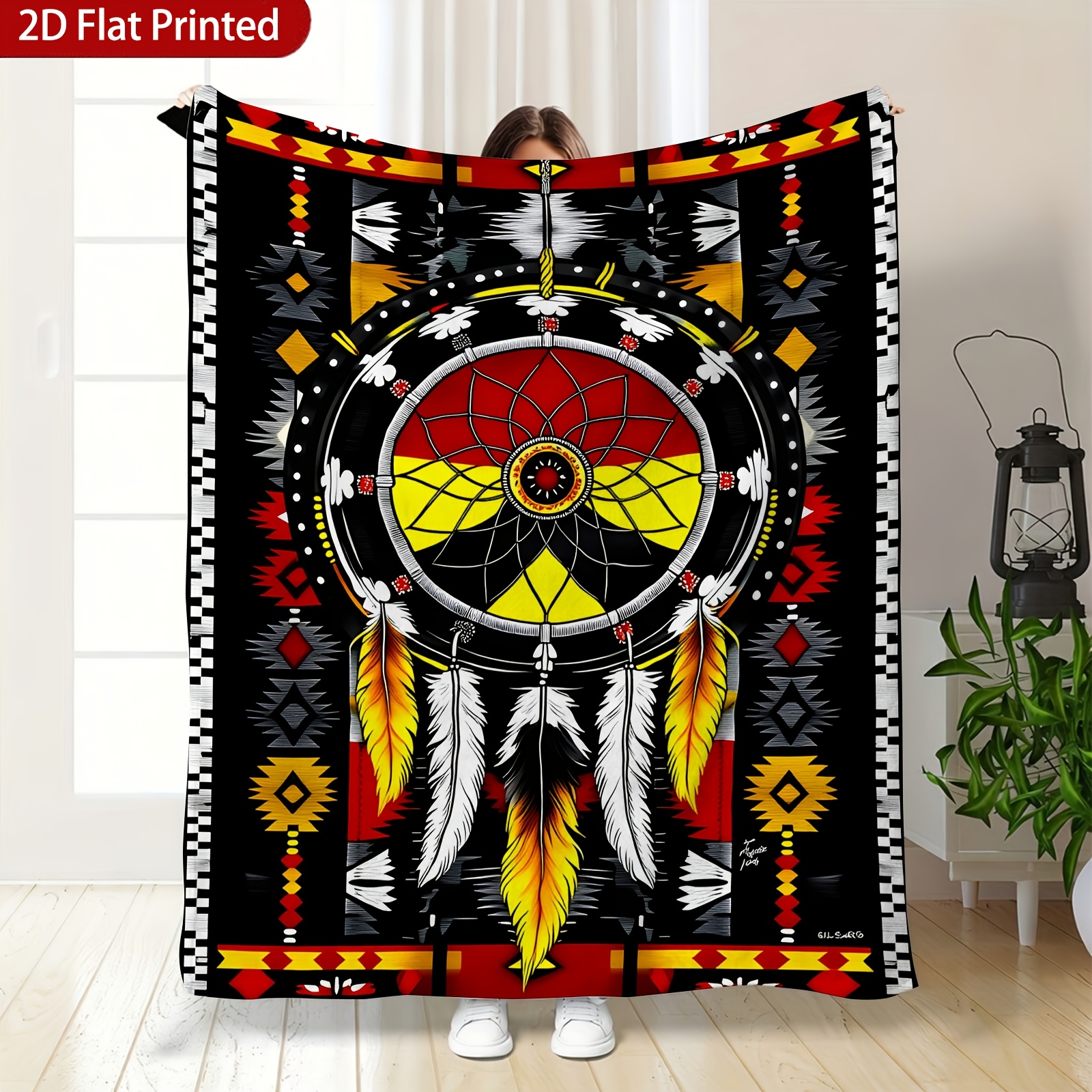 TEMU Couvre-lit toutes saisons 1 pièce, couverture légère en flanelle avec attrape- tribal du imprimé en 2D plat avec plumes - Convient pour lit,