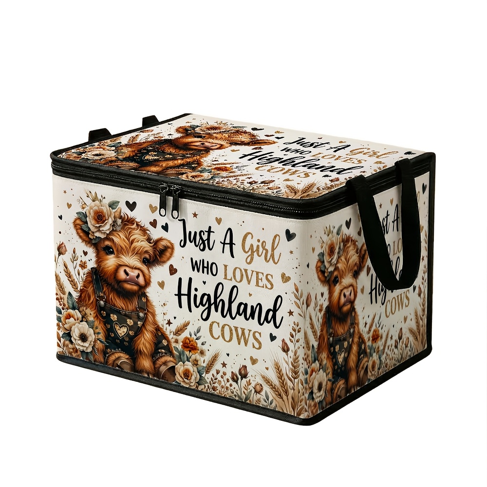 TEMU 1pc Highland Cow Bohemian Watercolor Printed Storage Box With Lid, Organizer Box, Suitable For Clothing, Blankets, Bed. -saving Container With A