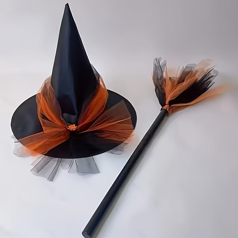 TEMU Halloween Flower Hat With Broom Set, Cute Magical Style, Suitable For Women's Role-play, Themed Parties, Stage Performances, Halloween Christmas