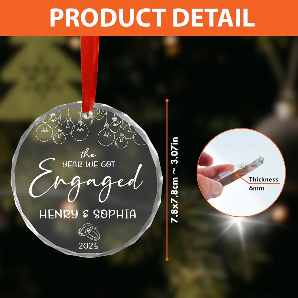 TEMU Personalized Christmas Engagement Decorations For 2025, A Gift For , Custom Gifts For The Couple, Glass Souvenirs, Christmas Tree Ornaments, Car