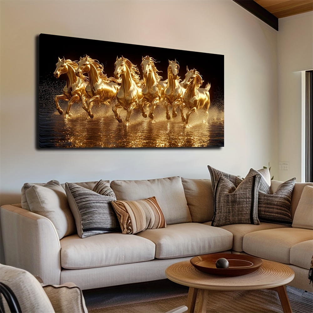 TEMU Large 50x100cm (20x40in) Unframed Canvas Wall Art - Bohemian Modern Art Deco Golden & White Horse Painting, Style Vibrant Ink Print For Living
