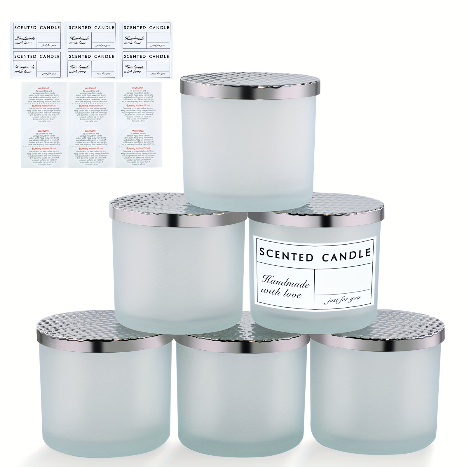 

13 Oz Candle Jars, 6 Pack 3 Wick Candle Jars For Making Candles, Empty Glass Candle Jar With Metal Lids And Sticky Labels, Frosted White Candle Containers - Dishwasher Safe