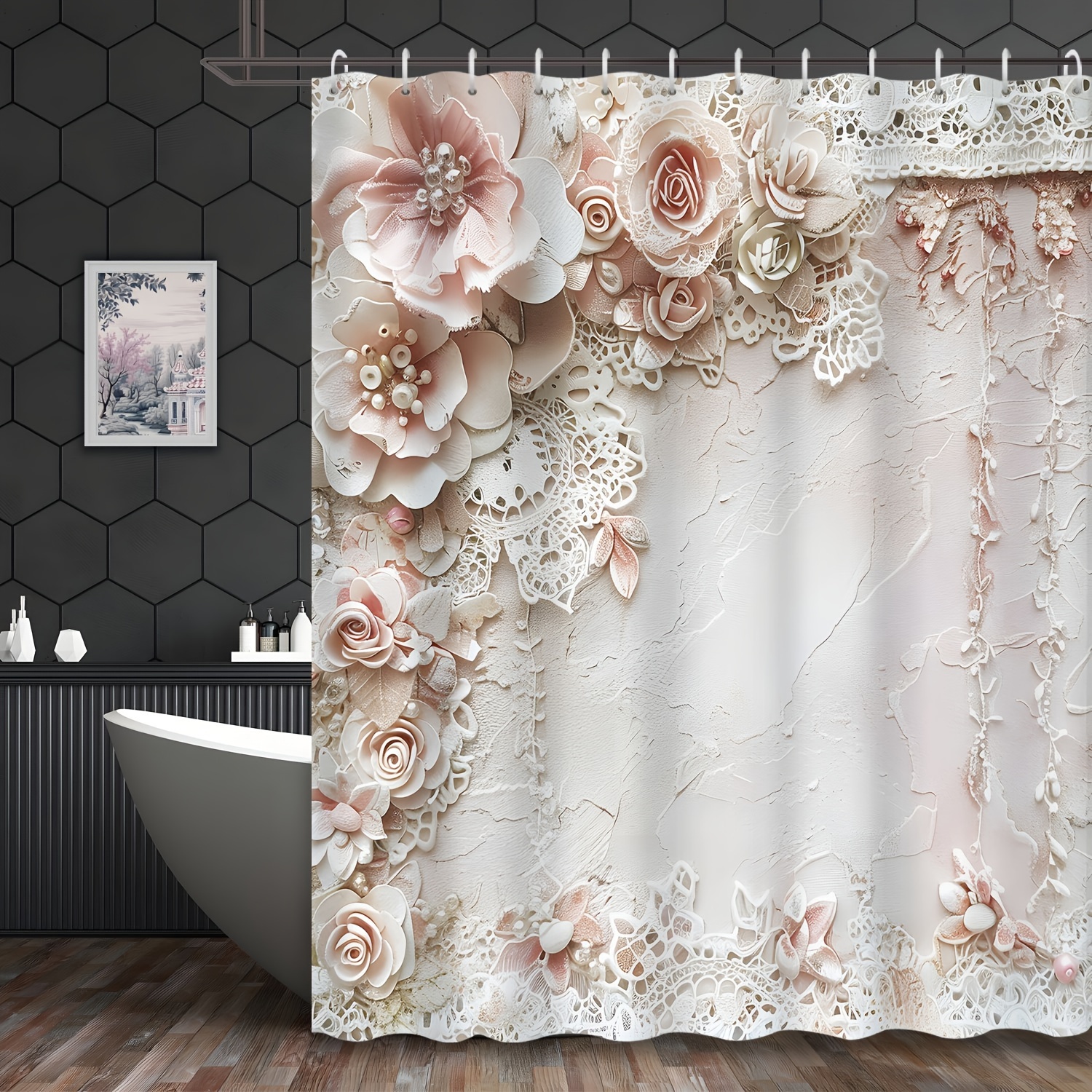 

1pc Retro Lace Flower Rococo Style Retro Flower Bathroom Shower Curtain, With 12 Hooks Waterproof Shower Curtain, Bathroom Decoration, Bathroom Accessories