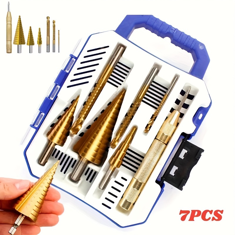 

7pcs Titanium-coated Hss Co Step Drill Bit Set -straight Cone Hole Cutter, Automatic Center Punch & Spiral Twist Saw Drill Bits