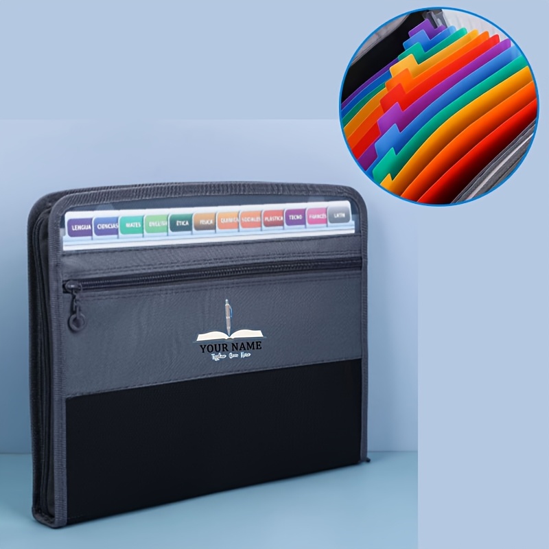 TEMU Customizable Name Logo, 13-slot Double-zipper A4 Color-coded Zippered Accordion File Folder Multi-functional Student Storage Bag, Accordion