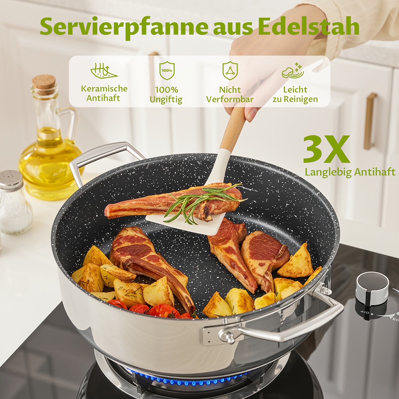Image of Ceramic Nonstick Deep With Stainless Steel Body, Oven Safe Large Serving Pan For Gas Induction All Stovetops Cooking, 3x Durable Non-toxic Coated Pan