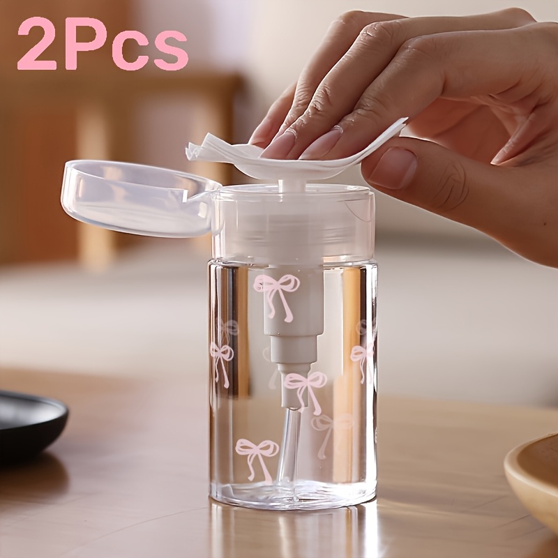 2pcs, Cute Bow Print Transparent PET Refillable Travel Bottles with 3.38oz/6.76oz Portable Pump Dispenser, Suitable for Nail Polish Remover, Toner, and Makeup Remover, Round Top Design, Hand Wash Only, Reusable Makeup Remover Bottle