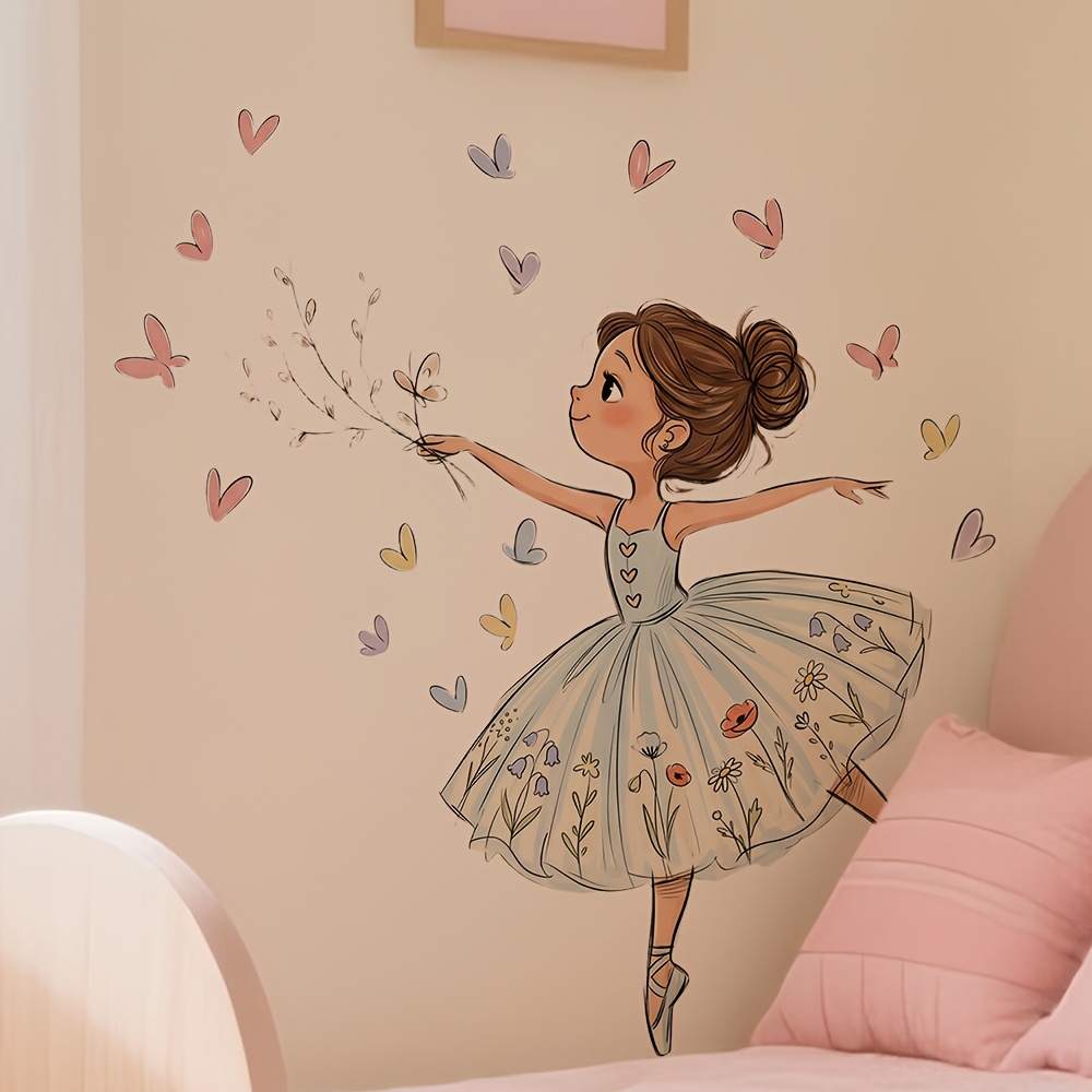 TEMU 1pc Hand-painted Floral Ballet Girl Wall Sticker, Light Blue Tutu Heart Sticker, Girls' Bedroom Princess Room Warm Self-adhesive Wall Decoration