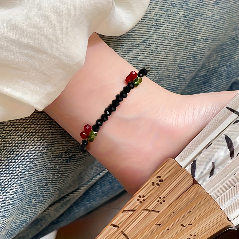 1pc Women's 1pc Sparkling Glass Bead & Cherry Bracelet - Elastic Minimalist Bohemian Strap Suitable For Daily Wear Or Gift, Elegant Jewelry For Parties, Travel, &