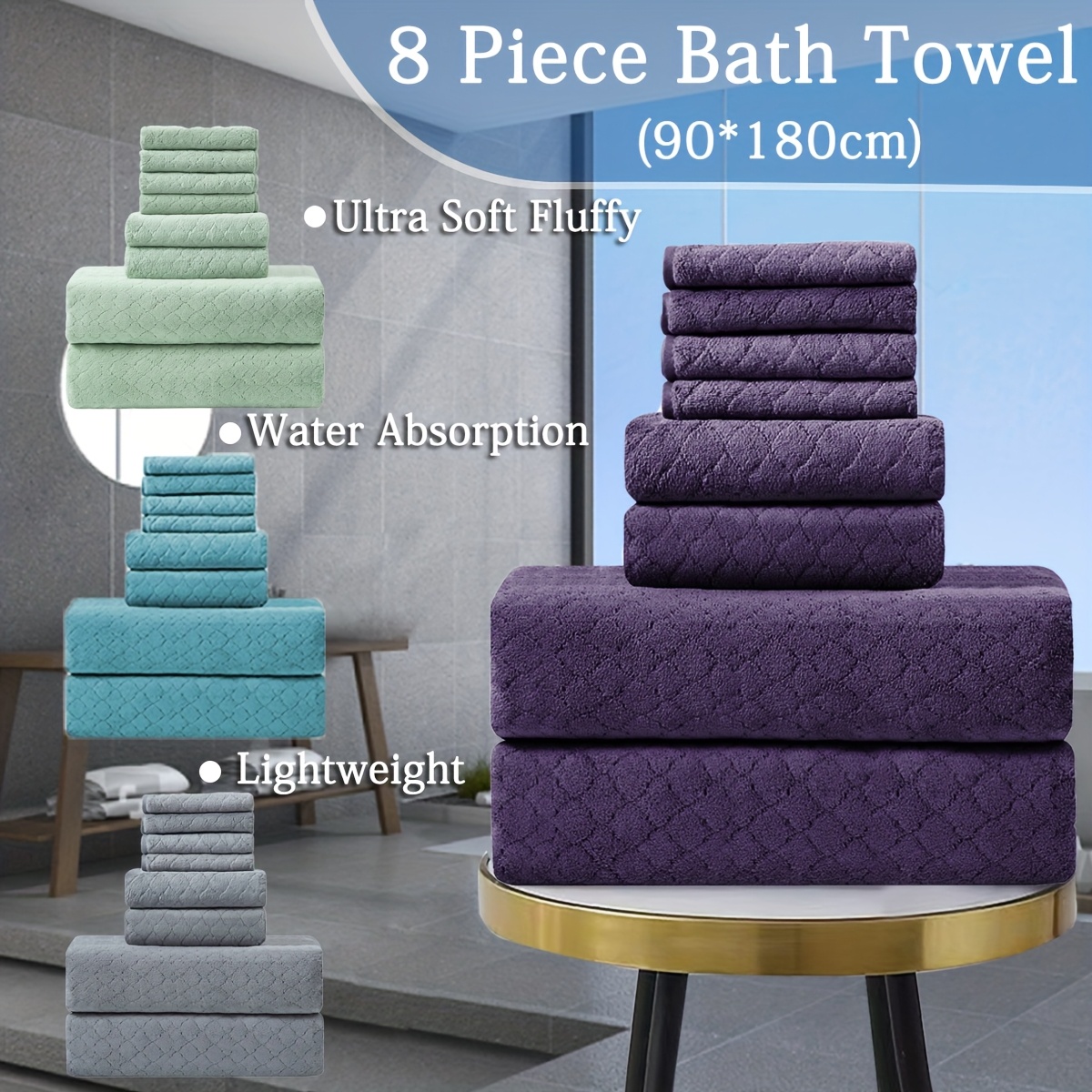 

8 Piece Oversized Bath Towel Set-2 Extra Large Bath Towel Sheets, 2 Hand Towels, 4 Washcloths Soft Absorbent Quick Towels For Bathroom Beach Chair Hotel And Spa