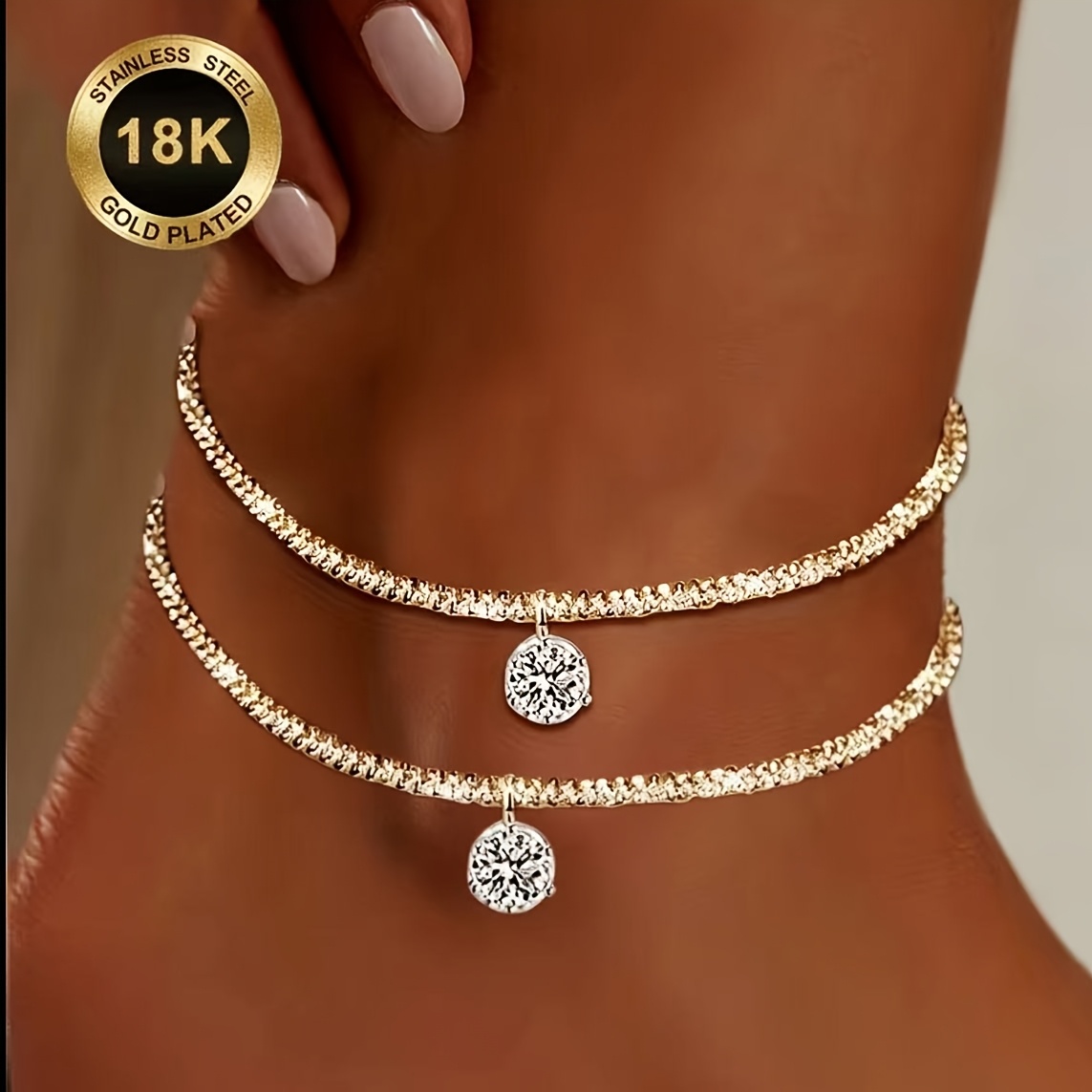 TEMU 2er-Set hochwertiges 18K vergoldetes elegantes schimmerndes Fußkettchen mit synthetischem Zirkonia, ein vielseitiges für alle Jahreszeiten. Ein