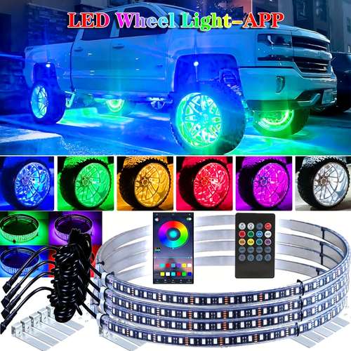 4-Piece RGB LED Wheel Rim Light Kit - 17.5" Chasing Flow, App Controlled, 12V