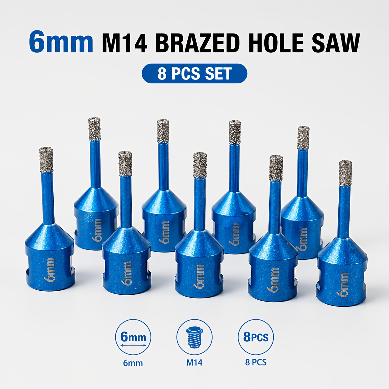 TEMU Set di 8 frese a M14 da 6 mm a vuoto, punte per trapano per piastrelle in ceramica, piastrelle in porcellana, , , quarzo e pietra da costruzione