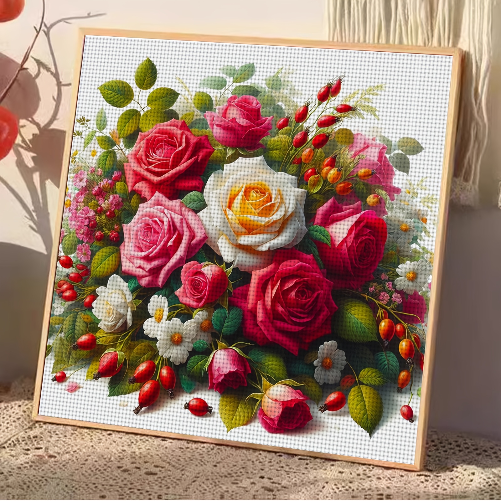 Frameless 11CT Cross-Stitch Printed Kit, Colorful Rose Bouquet
