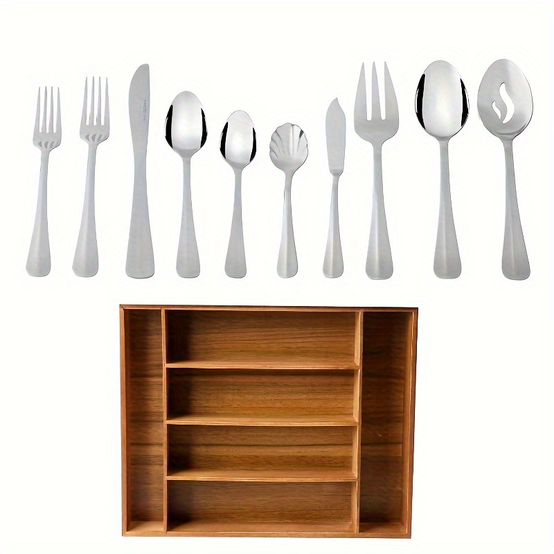 

45pcs Sleek Stainless Steel Flatware Set With Wooden Tray Organizer - Serve For 8 - Perfect For Casual Dining And More