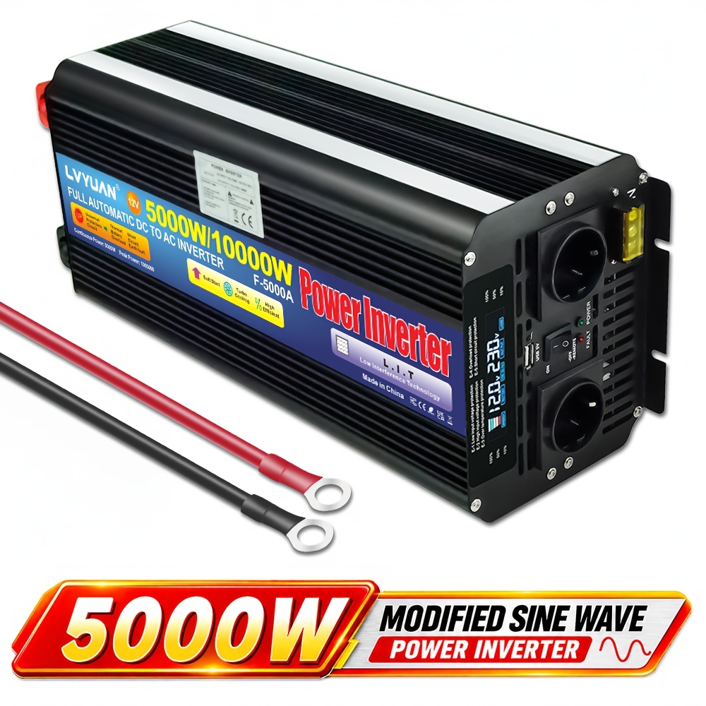 Image of Lvyuan Power Inverter 5000w/10000w() To Ac 12v To 230v, 2eu Outlets & Usb Ports, Soft - Start & Voltage Display - Ideal For Car, , Camping & Boat Use