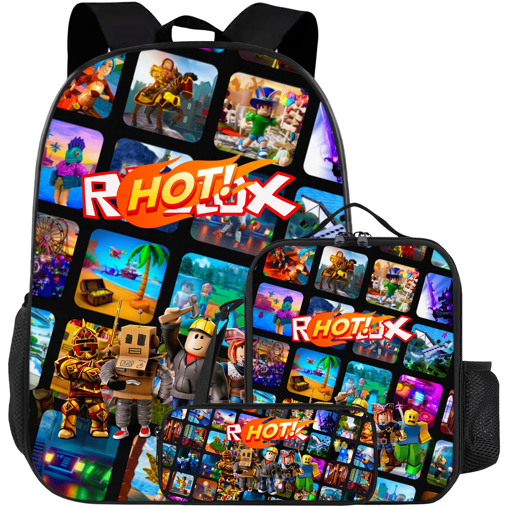 

3pcs Gamer-themed Backpack Set With 17" Laptop Compartment, Waterproof Nylon, Adjustable Straps - Black Cartoon Design