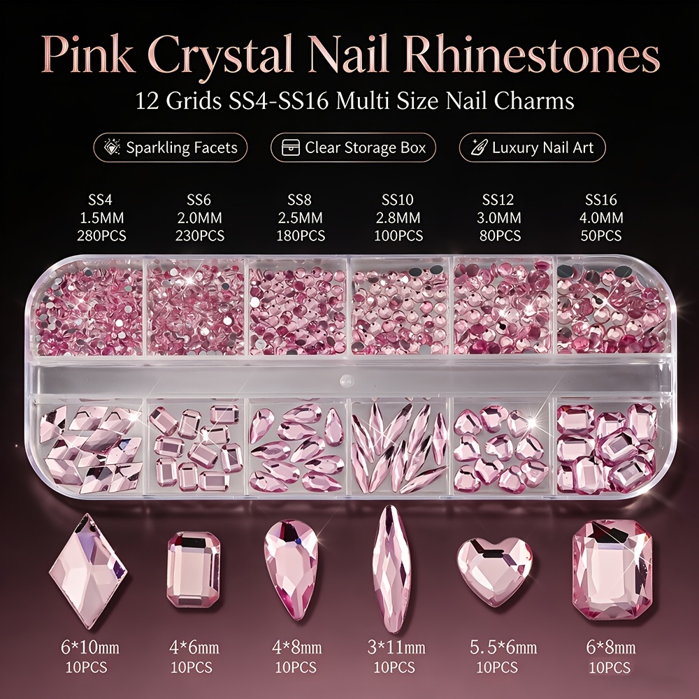 TEMU Set di ciondoli per unghie con strass flatback rosa chiaro a 12 griglie, cristalli rotondi misti SS4-SS16, multi a forma di cuore, , e diamante,